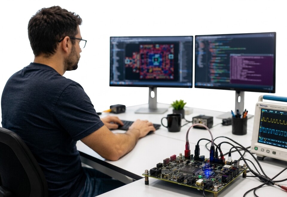 Developer at a workbench with a circuit board prototype, an oscilloscope, and a development environment on the monitors