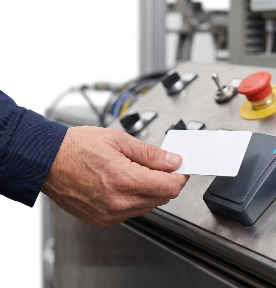 An operator tapping a card against a reader on a CNC machine's control panel, replacing a physical key with a card