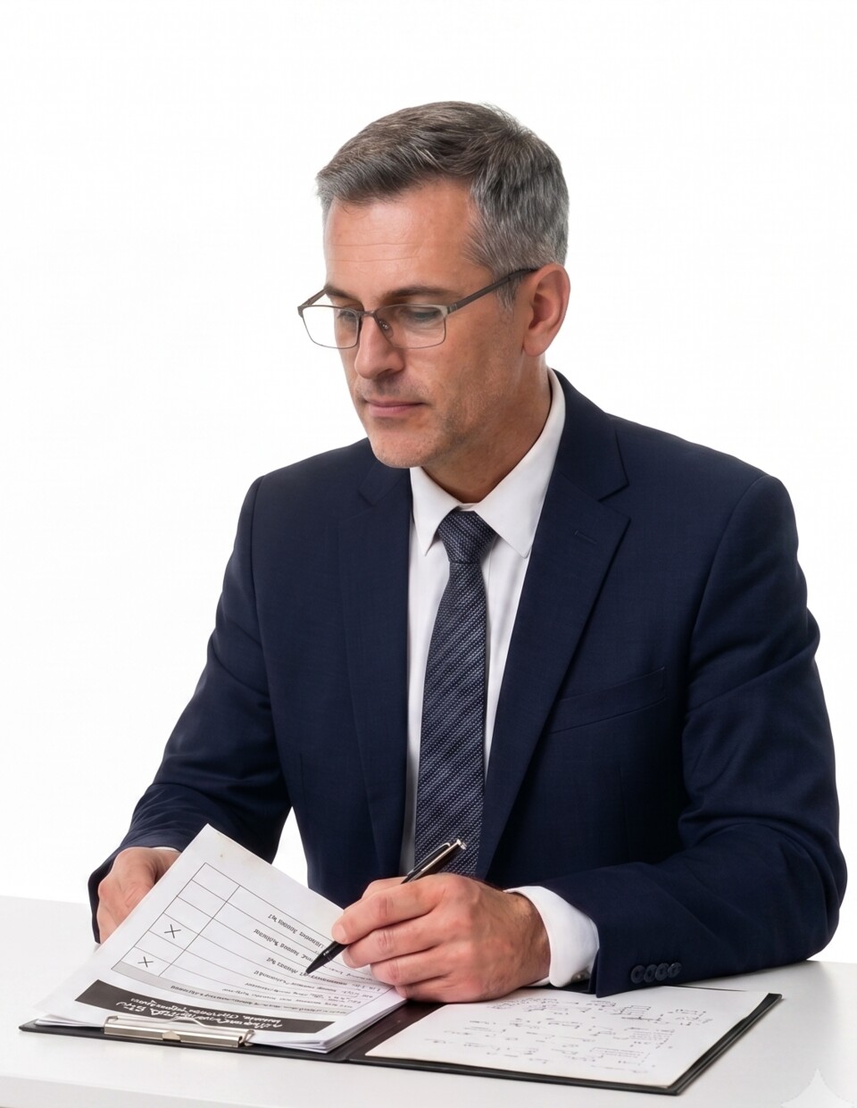 An auditor in a suit checking off items on a printed compliance checklist