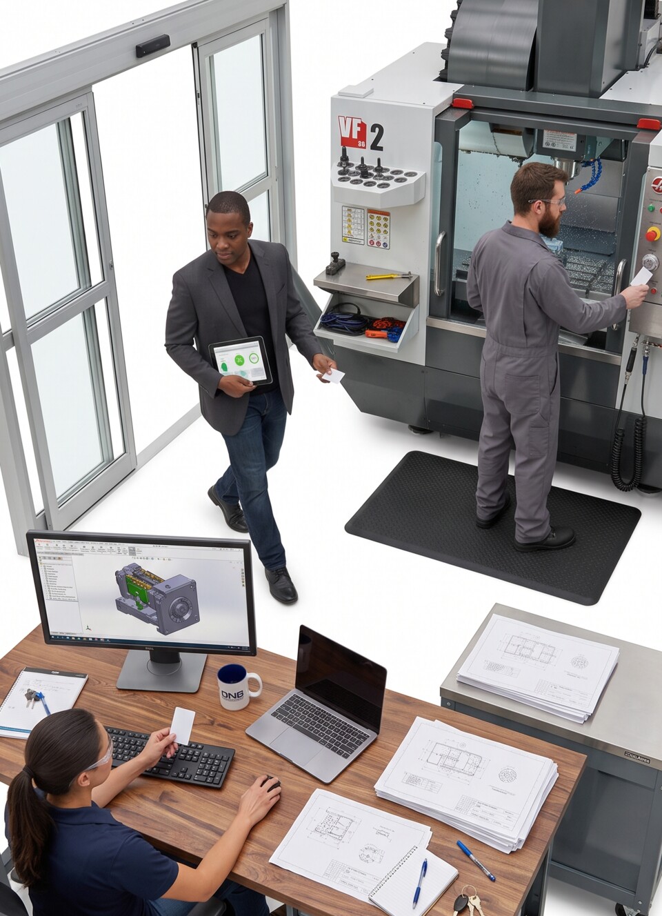 A small team in a workshop — an employee at a computer, a colleague in the hallway, and an operator at a machining tool, each with their own access card
