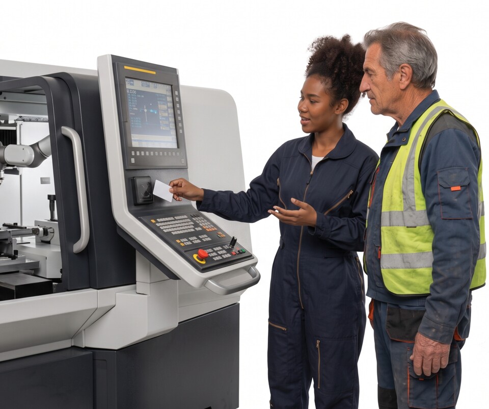 An operator tapping a card at the control panel of an injection molding machine